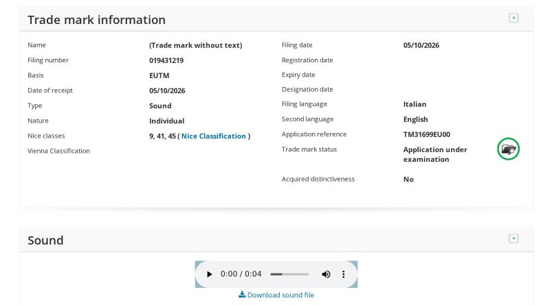 Ficha del registro de la EUIPO de la solicitud 019431219: una marca sonora presentada el 05/10/2026, en examen, con un reproductor de audio de cuatro segundos. Imagen: EUIPO