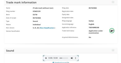 EUIPO register entry for application 019431219: a sound mark filed 05/10/2026, status application under examination, with a four second audio player. Image: EUIPO