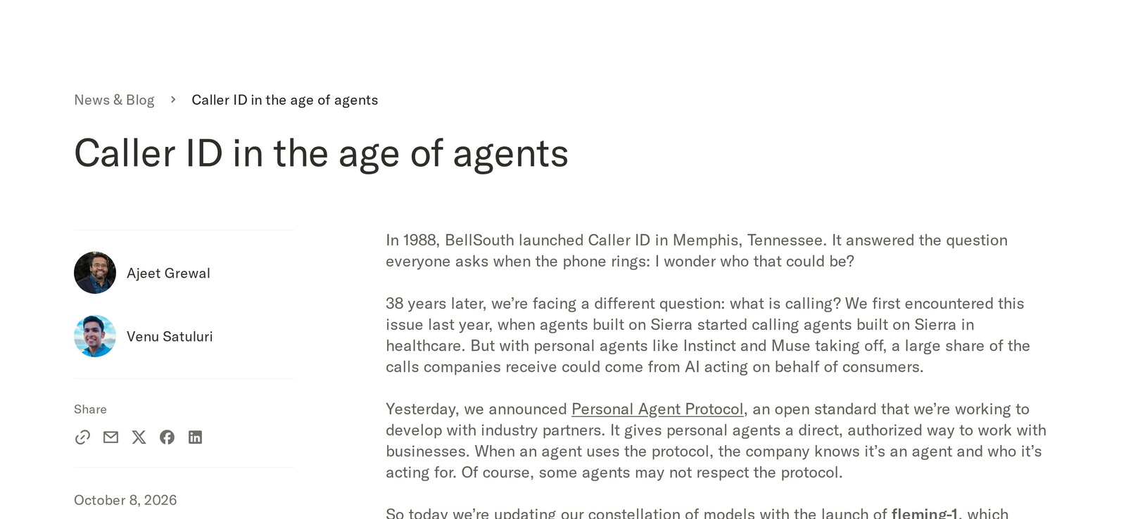 Sierra's blog post Caller ID in the age of agents, dated October 8, 2026, announcing fleming-1. Image: Sierra