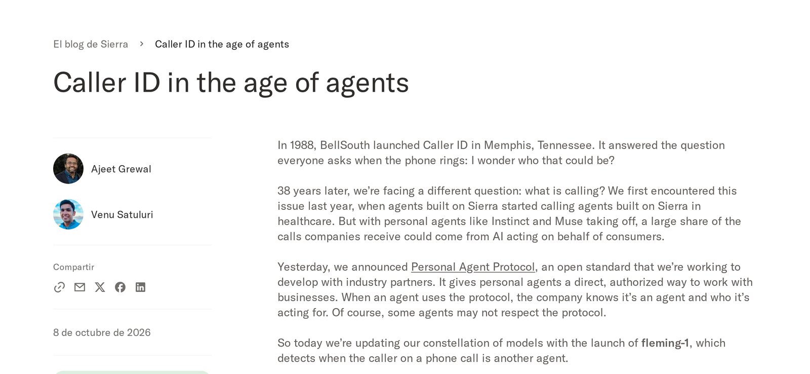 Entrada del blog de Sierra Caller ID in the age of agents, del 8 de octubre de 2026, que anuncia fleming-1. Imagen: Sierra