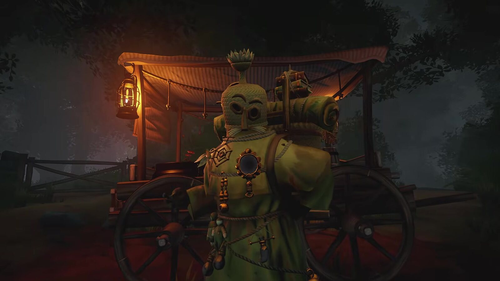 Un mummer con traje y máscara verdes junto a un carro iluminado por un farol, en una escena del tráiler de presentación de Hunter's Moon. Imagen: Twin Swans, vía PlayStation