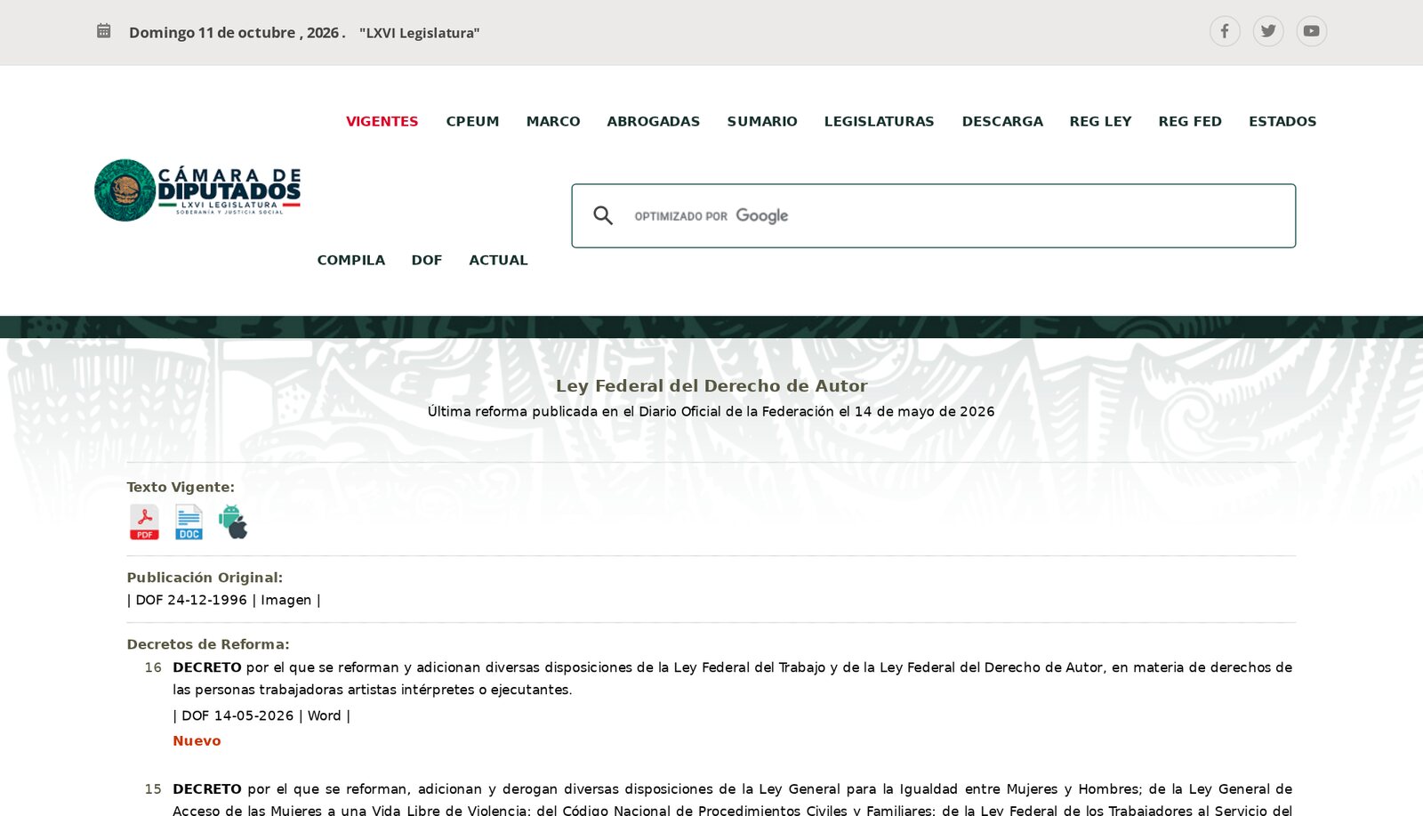Screenshot of the Chamber of Deputies' page for the Ley Federal del Derecho de Autor, dated 11 October 2026, showing the last reform published in the Diario Oficial on 14 May 2026 and the decree on the rights of performing artists. Image: Cámara de Diputados