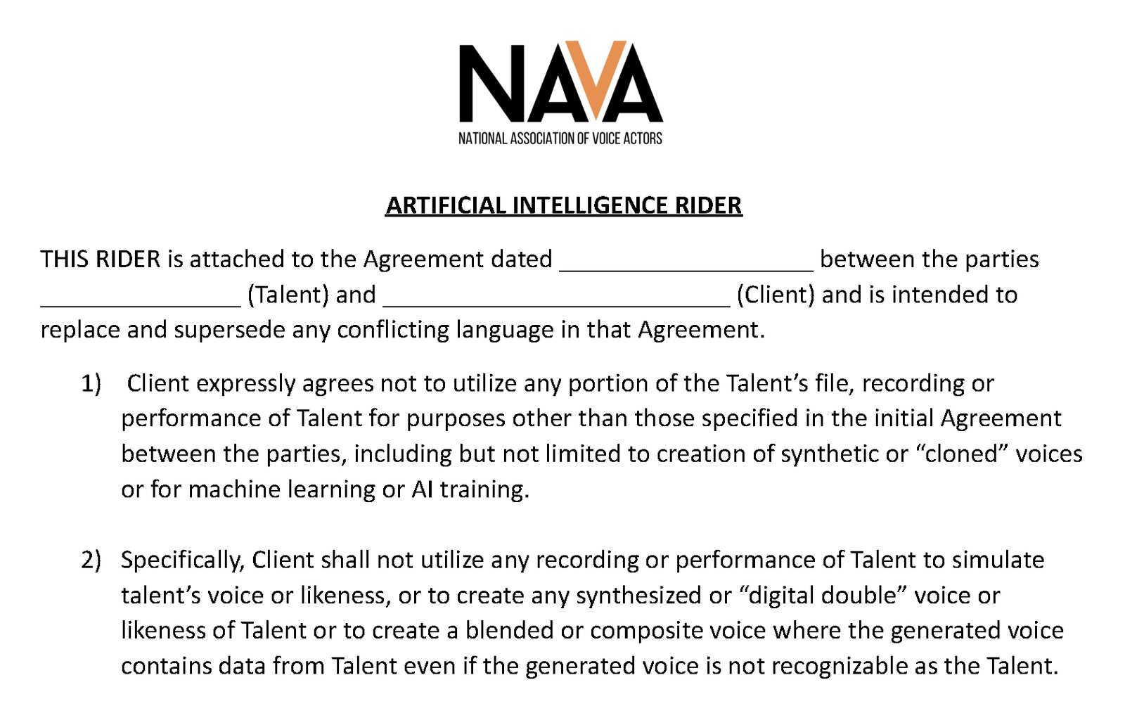 The top of NAVA's Artificial Intelligence Rider, version 4.5, with clause 1 barring use of the talent's recordings for cloned voices or AI training and clause 2 barring blended or composite voices built from the talent's data. Image: National Association of Voice Actors (NAVA)