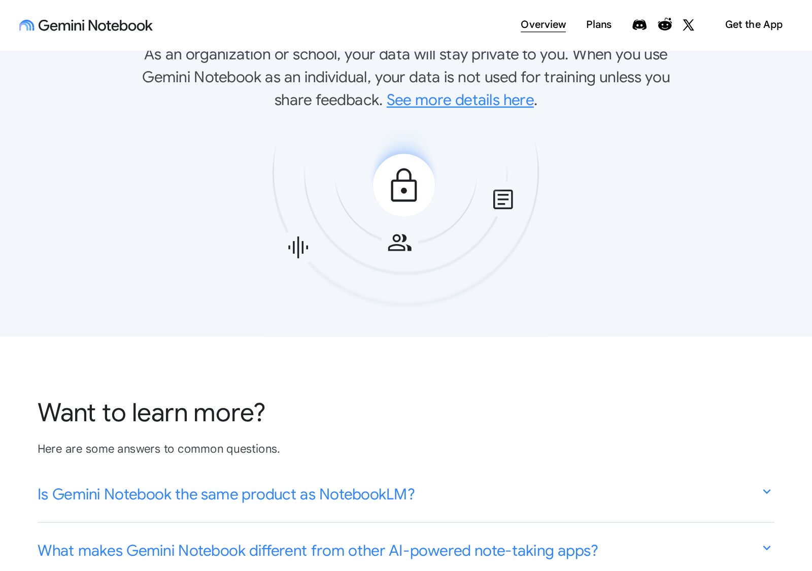 Screenshot of the Gemini Notebook page at Google's NotebookLM address, with a list of common questions starting Is Gemini Notebook the same product as NotebookLM?