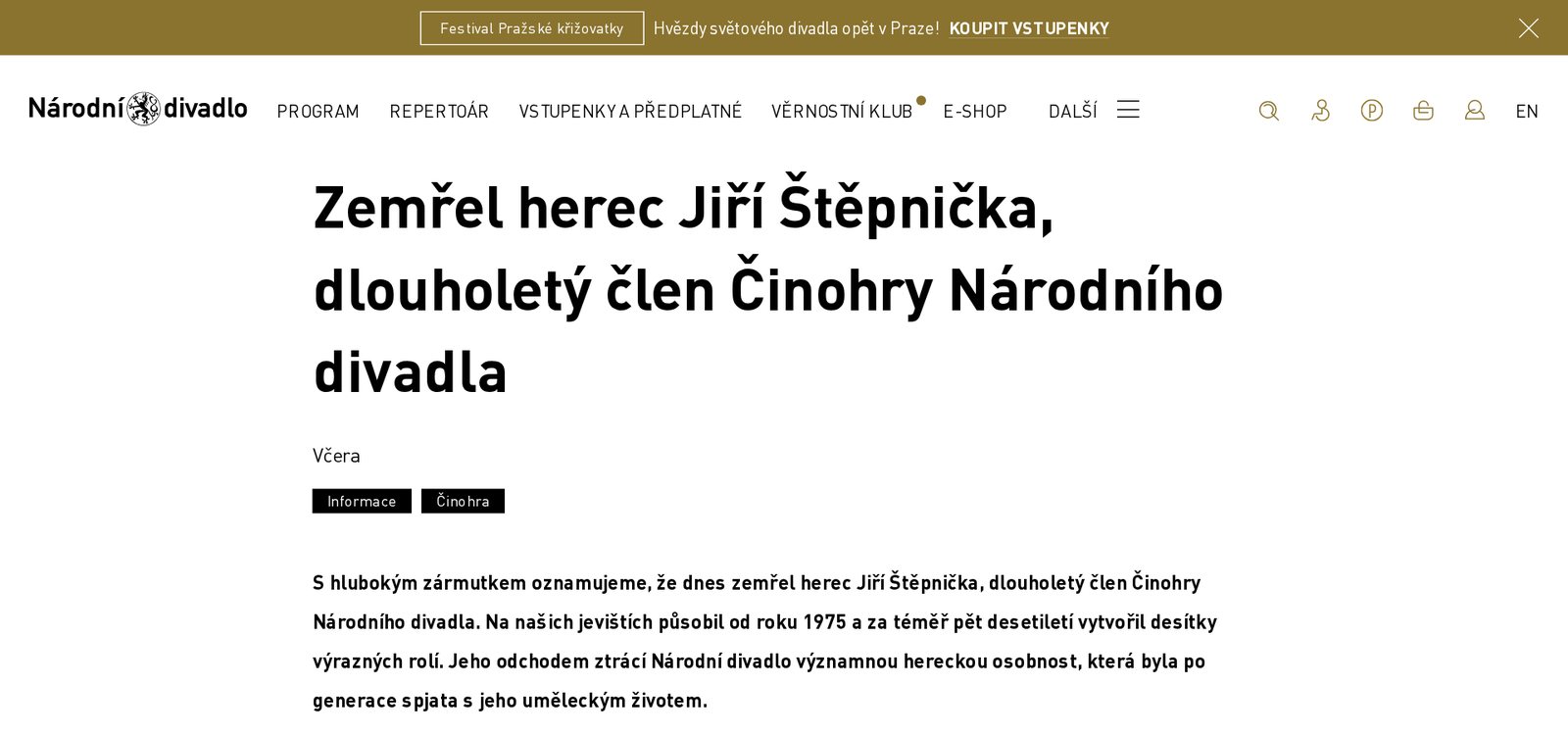 El anuncio de la muerte de Jiří Štěpnička en narodni-divadlo.cz, con el titular y el primer párrafo. Captura de pantalla, 11 de octubre de 2026