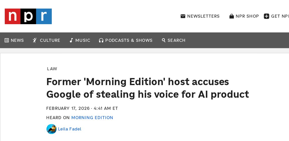 Captura del artículo de NPR titulado Former 'Morning Edition' host accuses Google of stealing his voice for AI product, del 17 de febrero de 2026.