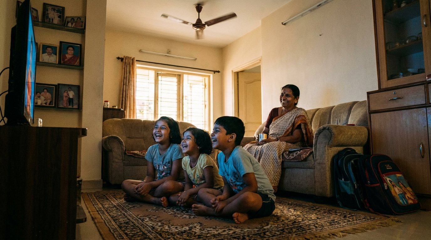 Three children laugh at a cartoon on TV in a Hyderabad living room while their grandmother smiles from the sofa © Voice Over Herald