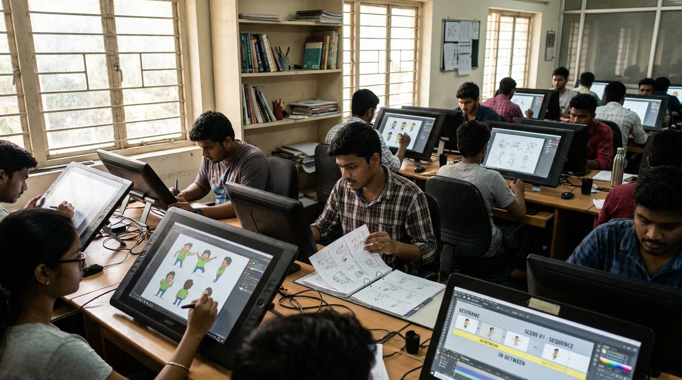 Animators at drawing tablets and a storyboard binder in a busy 2D animation studio in Hyderabad © Voice Over Herald