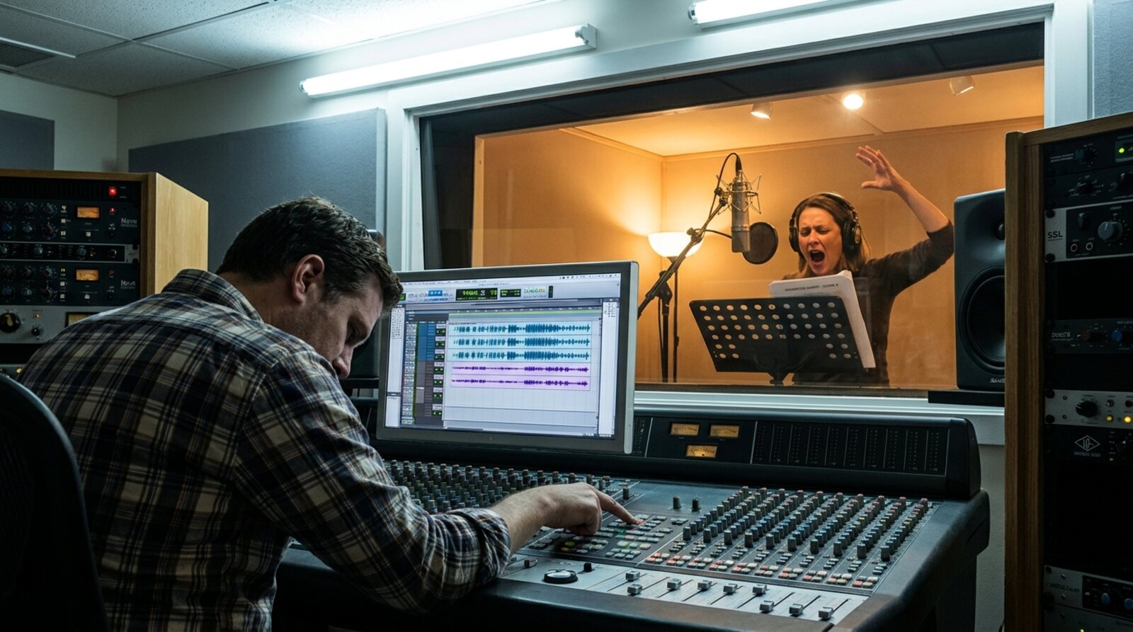 Un ingeniero de sonido en una consola de mezcla pulsa el botón de talkback mientras, a través del vidrio, una actriz de voz actúa en la cabina con el brazo en alto © Voice Over Herald