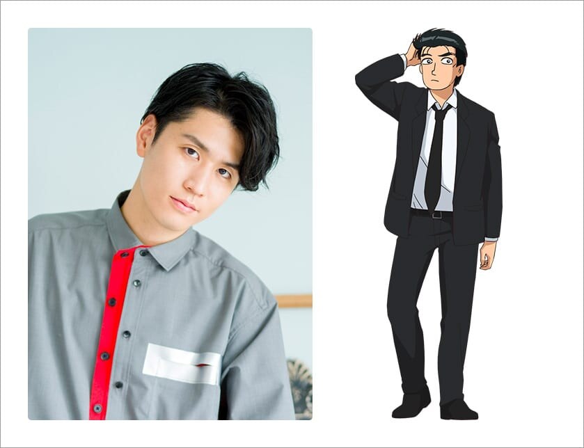 Ficha oficial del elenco de Shin Oishinbo: Yōhei Azakami con camisa gris junto a su personaje Shirō Yamaoka, de traje oscuro, rascándose la cabeza. Imagen: comité de producción de Shin Oishinbo / Shinei Animation