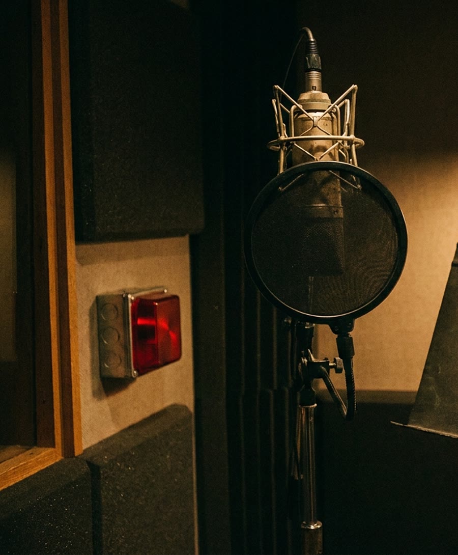 Una cabina de locución en penumbra con un micrófono y un filtro antipop junto a una luz roja de grabación apagada. © Voice Over Herald