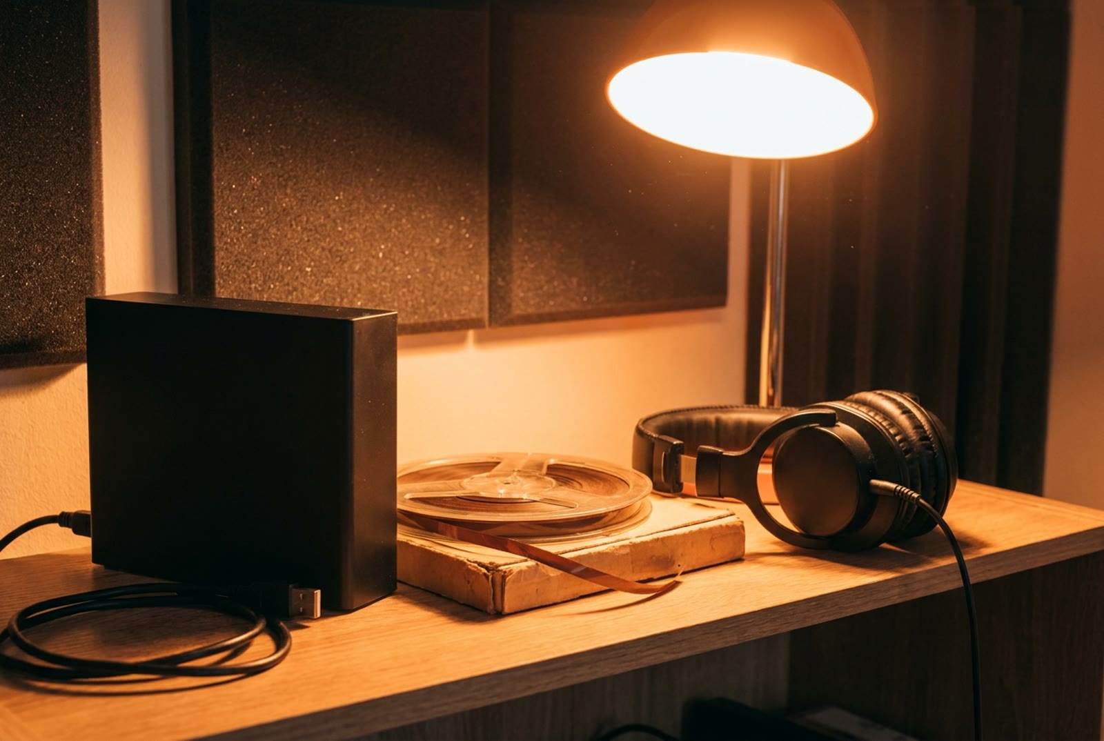 A home studio shelf with an external hard drive, a reel of magnetic tape and headphones under a desk lamp. © Voice Over Herald
