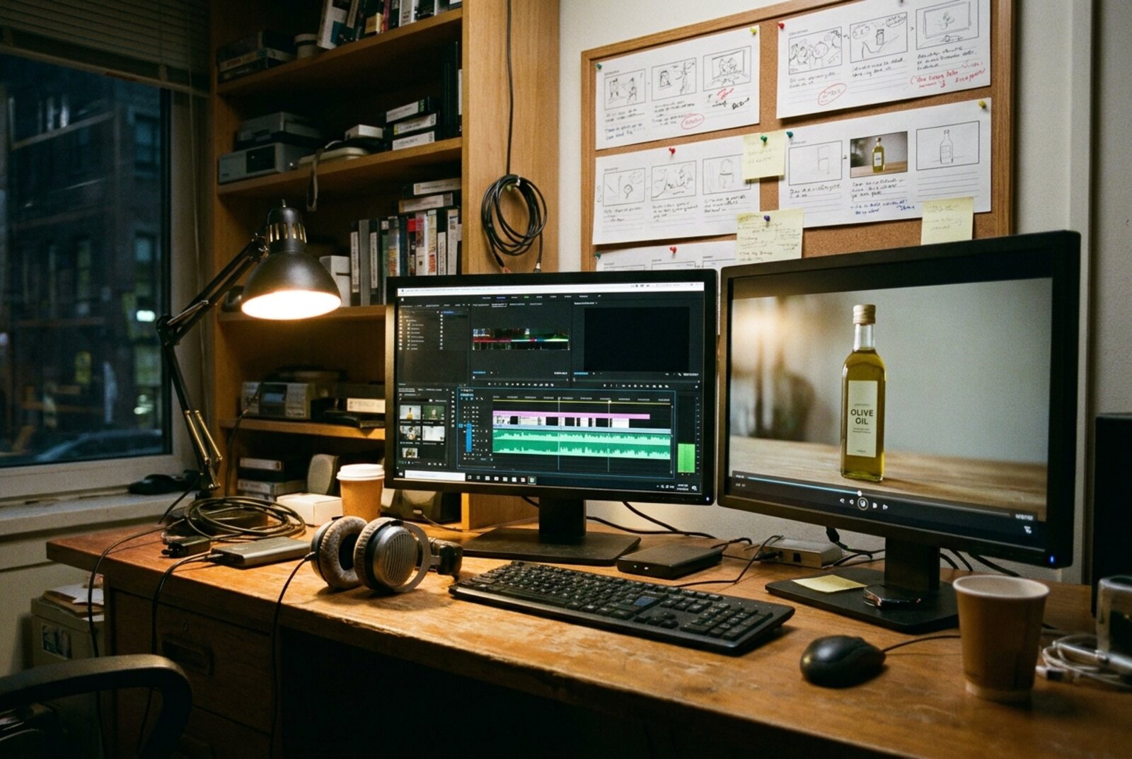 An empty edit suite at night: a video timeline with a long green audio track on one monitor, an olive oil product shot on the other, storyboards pinned above and headphones on the desk. © The Voice Realm
