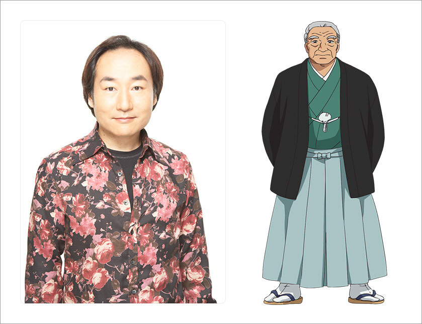 Ficha oficial del elenco de Shin Oishinbo: Nobuo Tobita con camisa de flores junto a su personaje Daizō Ōhara, dueño del Tōzai Shimbun, con haori negro y hakama gris. Imagen: comité de producción de Shin Oishinbo / Shinei Animation