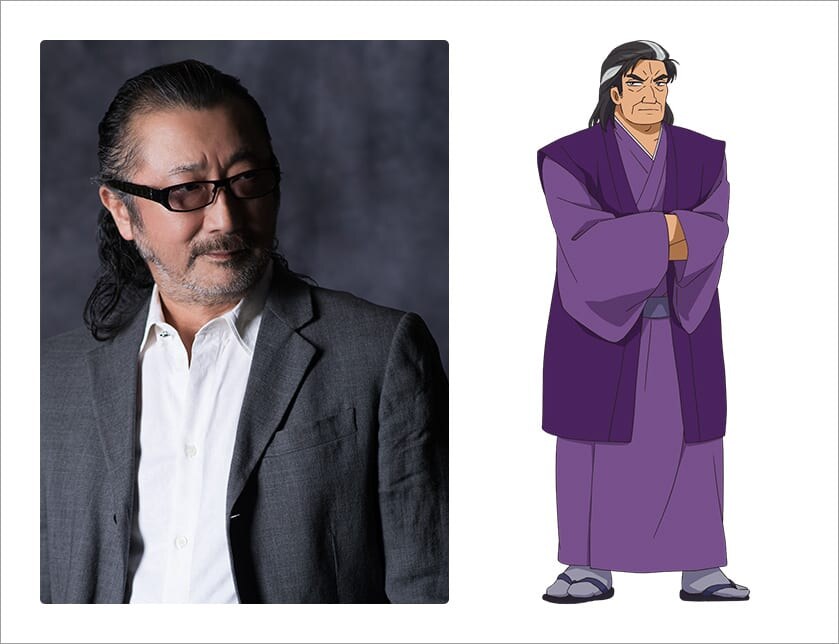 Ficha oficial del elenco de Shin Oishinbo: Akio Ōtsuka con lentes y saco oscuro junto al nuevo diseño de Yūzan Kaibara con haori morado y los brazos cruzados. Imagen: comité de producción de Shin Oishinbo / Shinei Animation