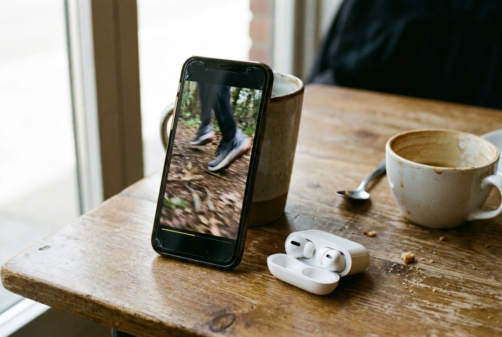 A phone propped against a mug on a cafe table, playing a running shoe ad with a yellow progress bar, an open case of wireless earbuds beside it. © The Voice Realm