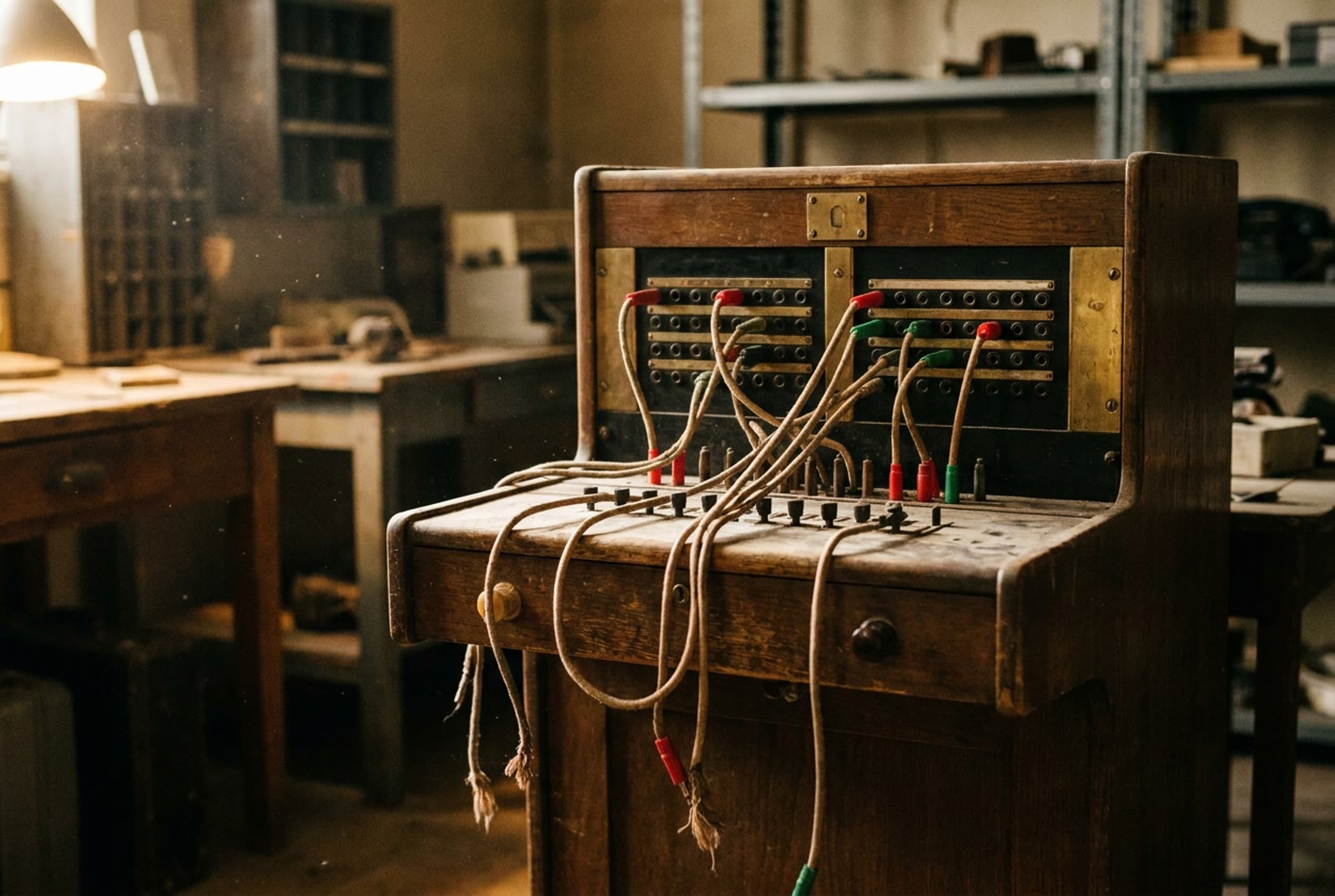 A vintage telephone switchboard with several patch cords unplugged and hanging loose. © Voice Over Herald