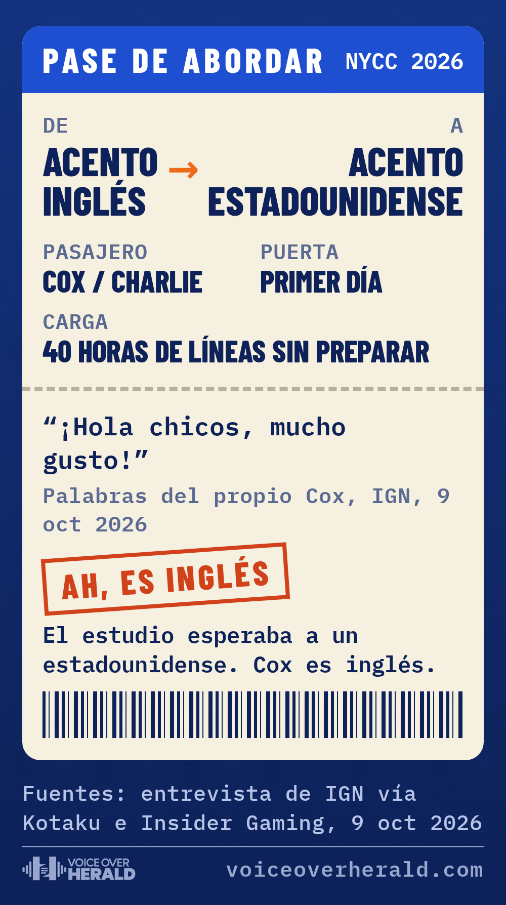 Un pase de abordar de acento inglés a acento estadounidense para el pasajero Cox, Charlie, puerta primer día, carga 40 horas de líneas sin preparar, con su saludo Hola chicos, mucho gusto y un sello que dice Ah, es inglés. © Voice Over Herald