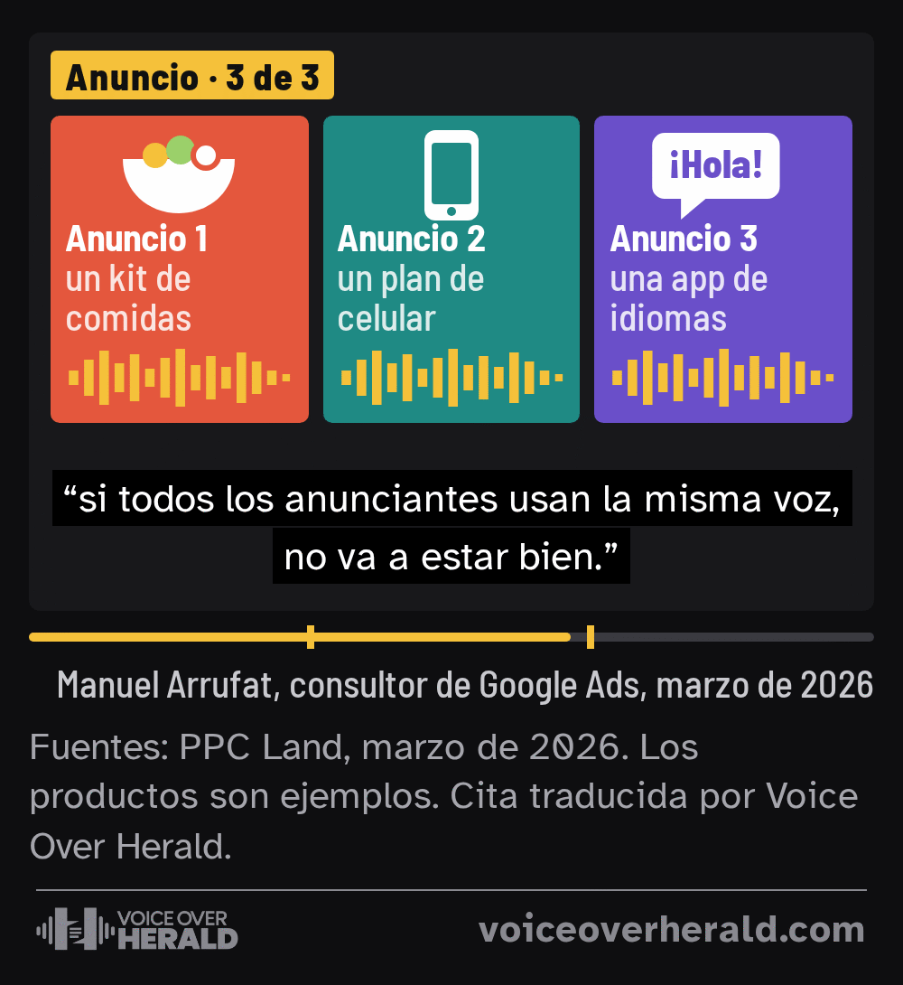 Tres anuncios en video seguidos, de un kit de comidas, un plan de celular y una app de idiomas, todos con la misma onda de voz amarilla, con la frase de Manuel Arrufat: si todos los anunciantes usan la misma voz, no va a estar bien