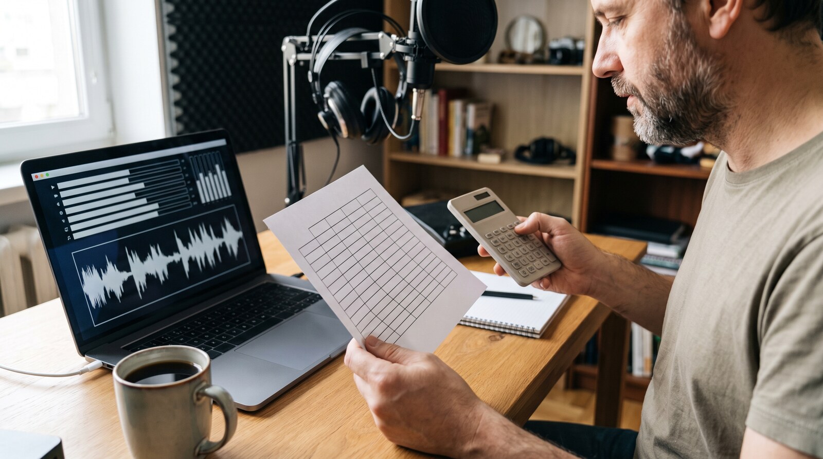 A man at a home studio desk checks a rate sheet against a calculator, with audio waveforms on his laptop screen. © Voice Over Herald