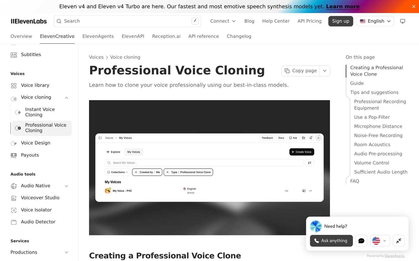 Screenshot of ElevenLabs' help page on Professional Voice Cloning, October 24, 2026
