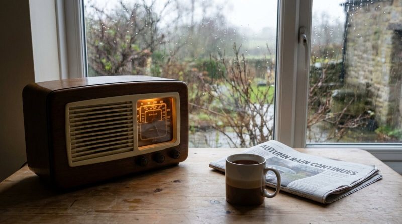 Una radio de válvulas de los años cincuenta, de nogal y crema, con el dial encendido en ámbar sobre una mesa de cocina junto a una taza de té y un periódico, con lluvia en la ventana. © Voice Over Herald