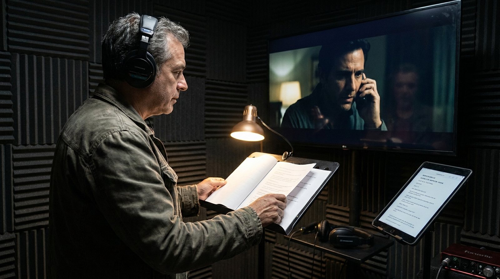 Un actor de doblaje canoso con audífonos lee un guion en una cabina oscura mientras en la pantalla se ve una escena de un hombre al teléfono © Voice Over Herald