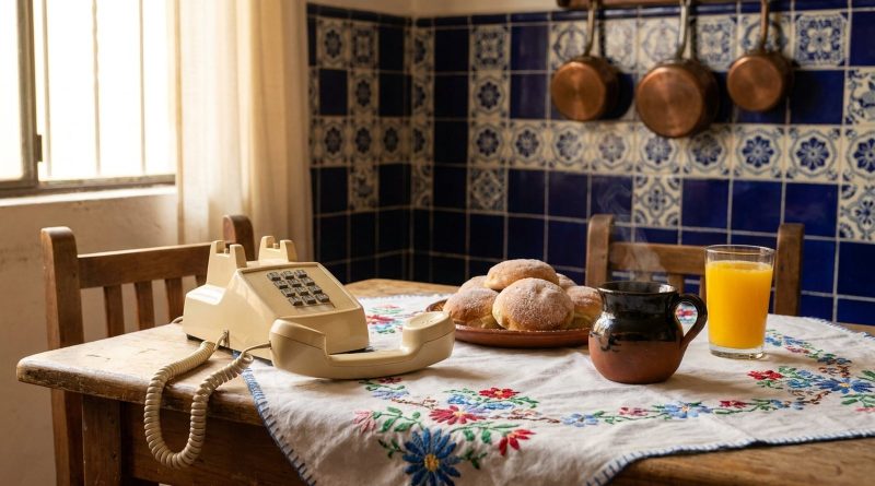 A cream landline telephone with its handset off the hook on a breakfast table in a tiled Mexican kitchen, beside sweet bread, a clay mug and orange juice © Voice Over Herald