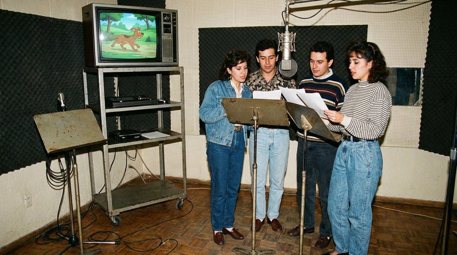 Four voice actors in early 1990s clothes stand around one hanging microphone reading paper scripts on metal music stands, a cartoon dog on an old television above them © Voice Over Herald