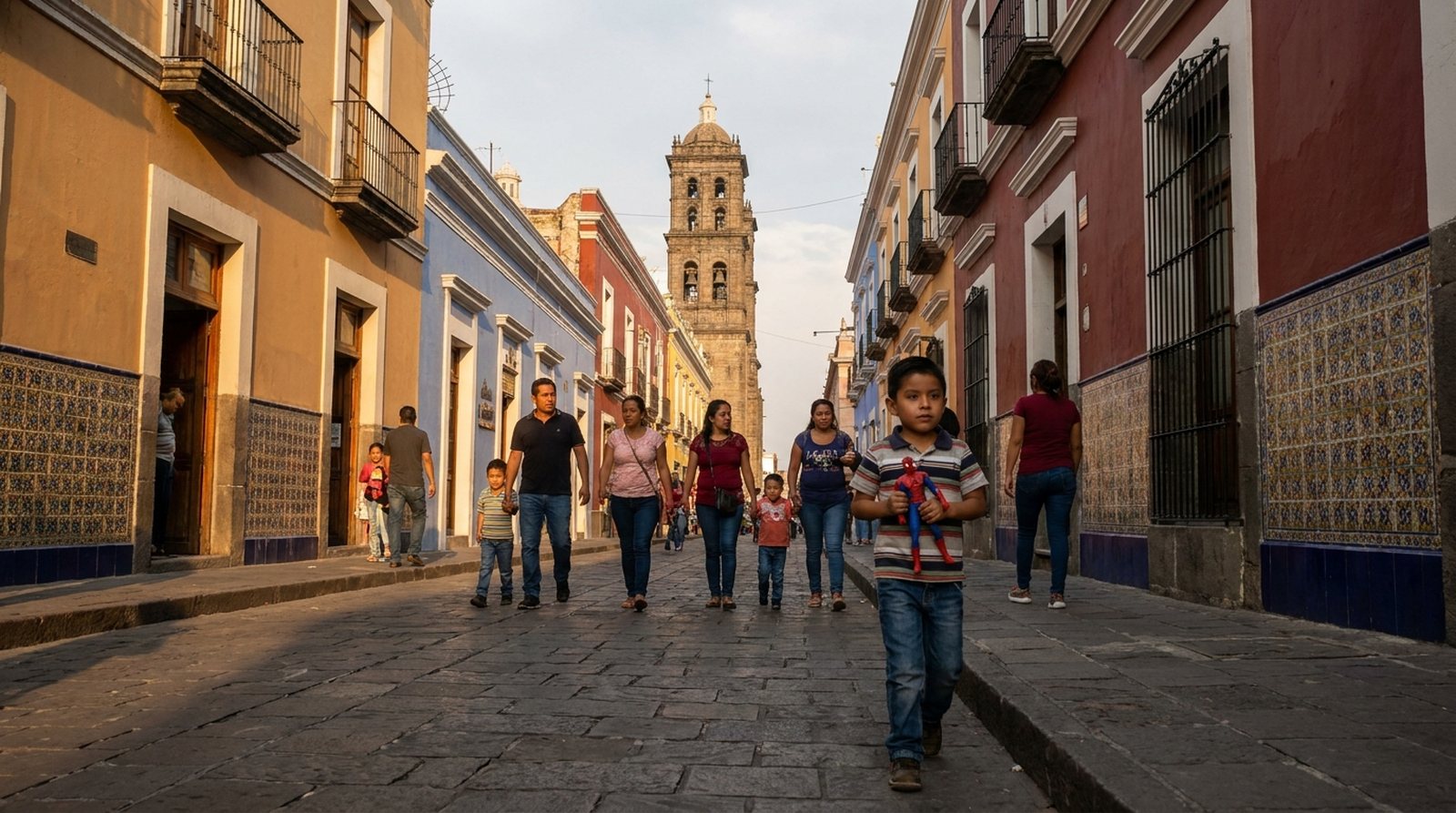 Families walk down a cobbled street of colourful colonial houses with talavera tiles in Puebla, Mexico, a boy in front holding an action figure, a cathedral tower behind © Voice Over Herald