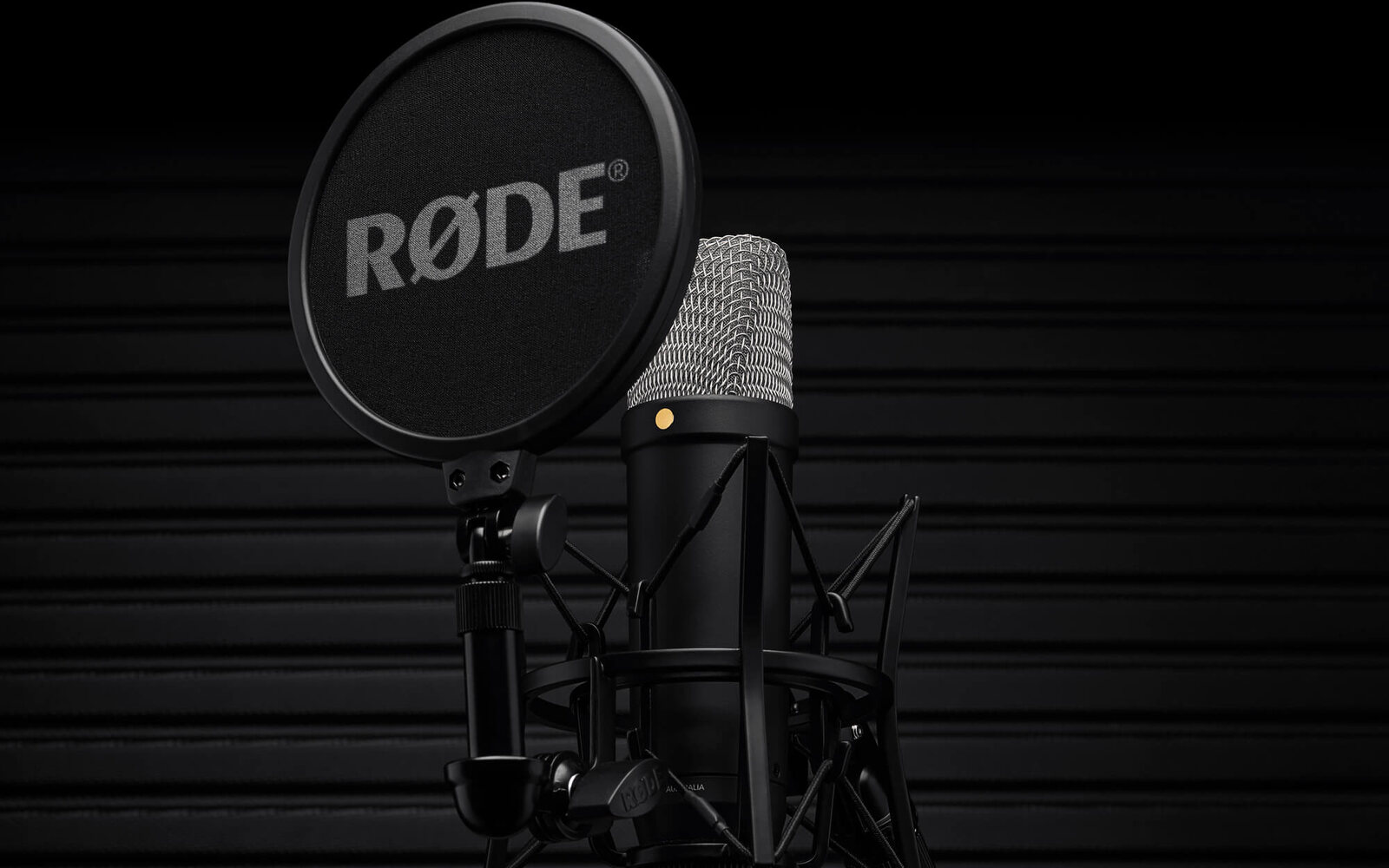 Micrófono de condensador de estudio RØDE NT1 de quinta generación en negro, en su suspensión con un filtro antipop RØDE, sobre un fondo oscuro con listones. Imagen: RØDE