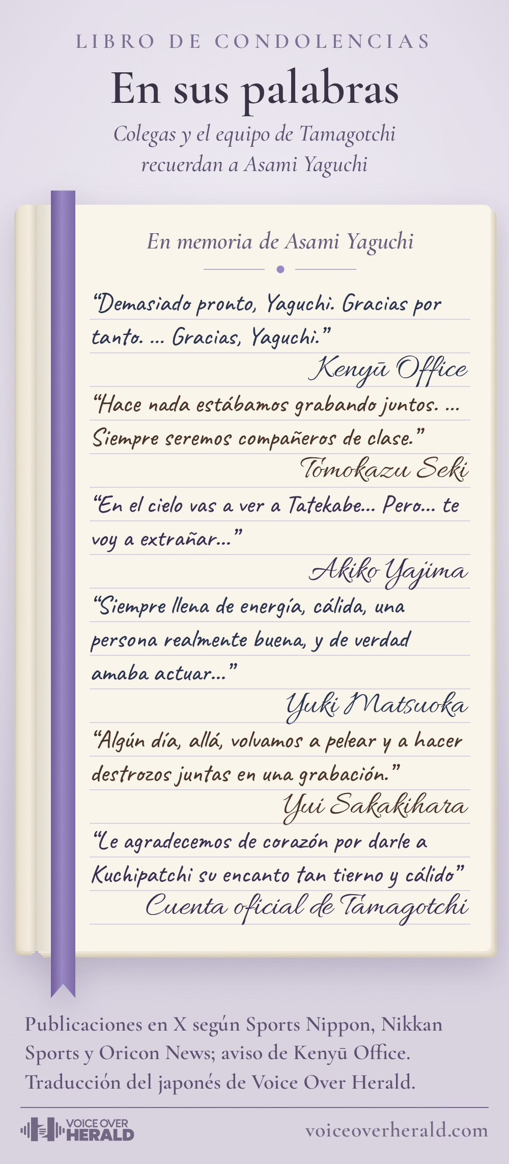 Un libro de condolencias abierto con una cinta lila, con homenajes escritos a mano para Asami Yaguchi, cada uno firmado: Kenyū Office, “Demasiado pronto, Yaguchi. Gracias por tanto. … Gracias, Yaguchi.”; Tomokazu Seki, “Hace nada estábamos grabando juntos. … Siempre seremos compañeros de clase.”; Akiko Yajima, “En el cielo vas a ver a Tatekabe... Pero... te voy a extrañar...”; Yuki Matsuoka, “Siempre llena de energía, cálida, una persona realmente buena, y de verdad amaba actuar...”; Yui Sakakihara, “Algún día, allá, volvamos a pelear y a hacer destrozos juntas en una grabación.”; y la cuenta oficial de Tamagotchi, “Le agradecemos de corazón por darle a Kuchipatchi su encanto tan tierno y cálido”