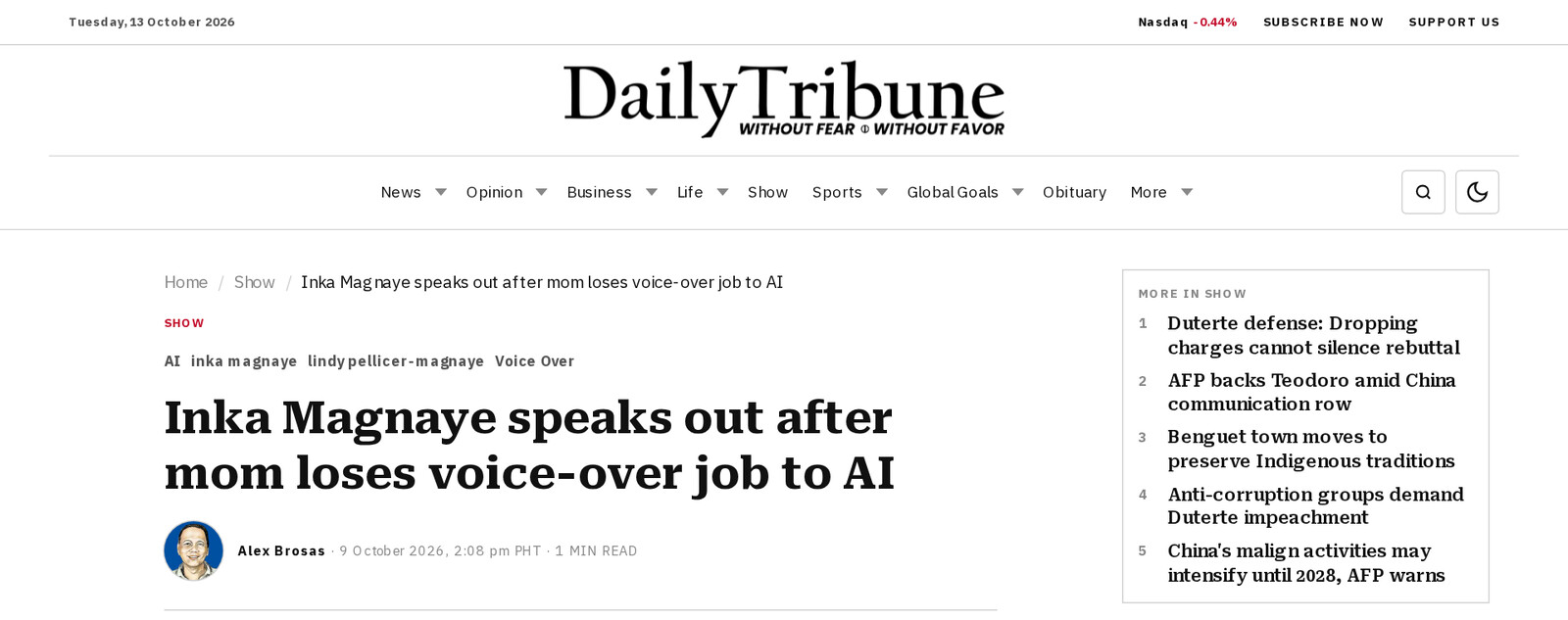 Captura del reportaje del Daily Tribune titulado Inka Magnaye speaks out after mom loses voice-over job to AI, del 9 de octubre de 2026. Imagen: Daily Tribune
