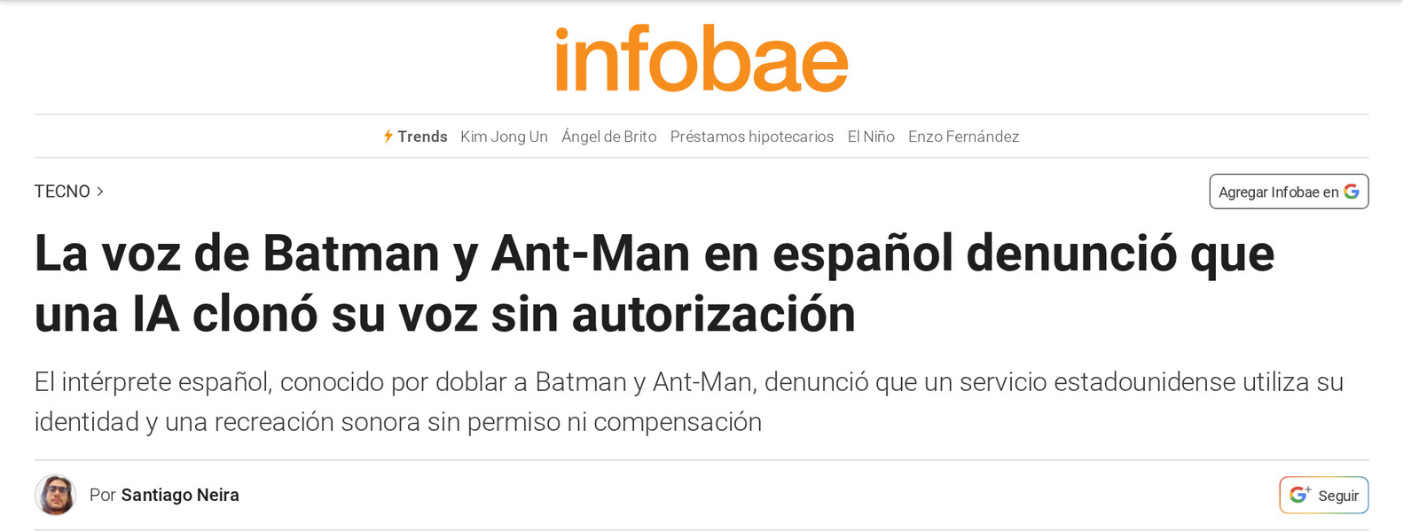 Screenshot of Infobae's report headed La voz de Batman y Ant-Man en español denunció que una IA clonó su voz sin autorización, dated 12 October 2026. Image: Infobae