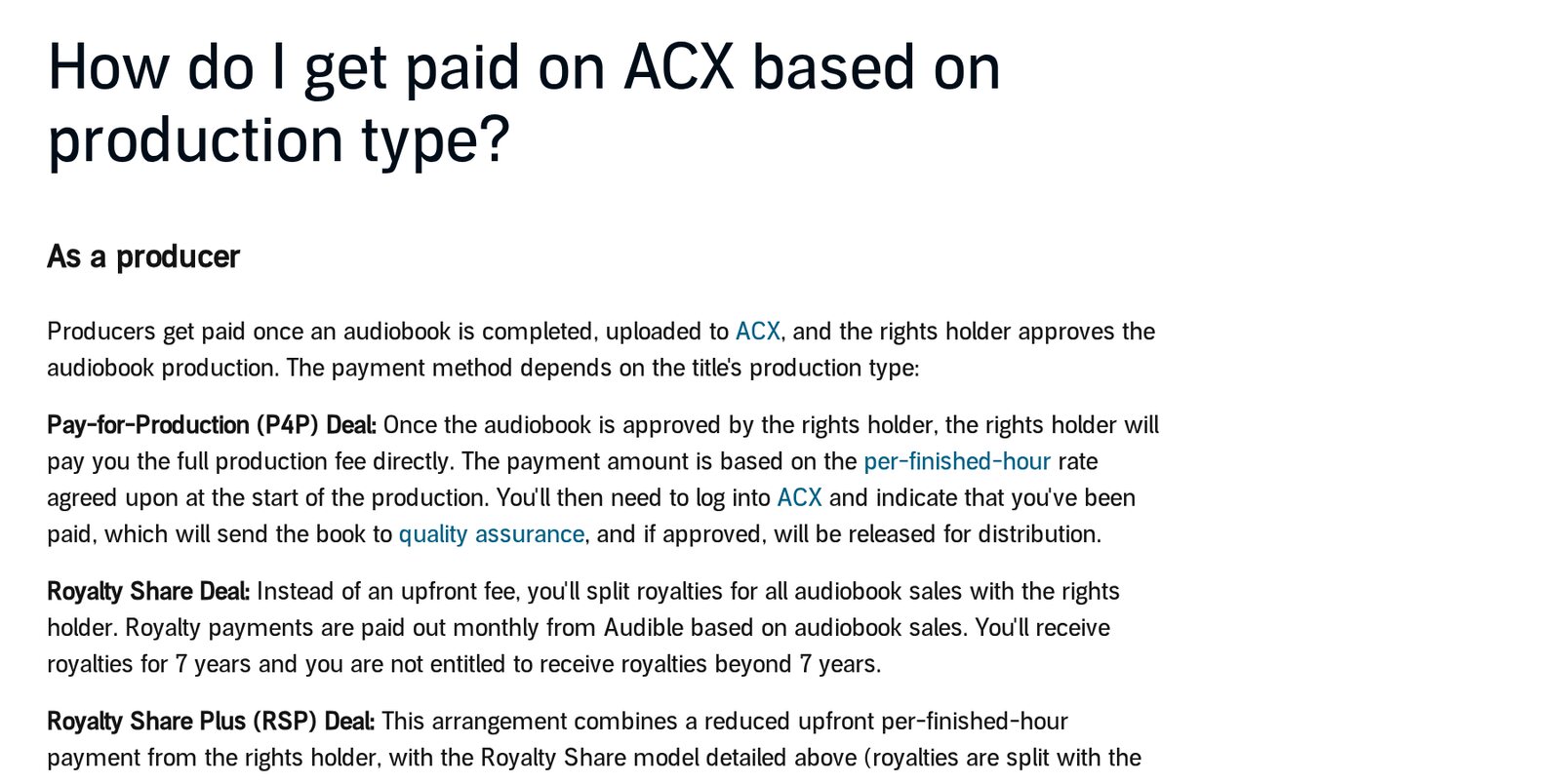 Screenshot of ACX's help page How royalties work, explaining Pay for Production, Royalty Share with royalties for 7 years, and Royalty Share Plus deals for producers. Image: ACX