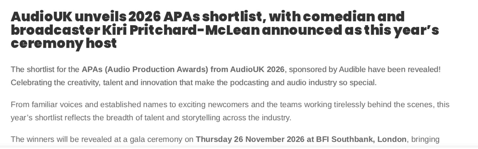 Screenshot of AudioUK's announcement page: AudioUK unveils 2026 APAs shortlist, with comedian and broadcaster Kiri Pritchard-McLean announced as this year's ceremony host. Image: AudioUK, screenshot 30 October 2026