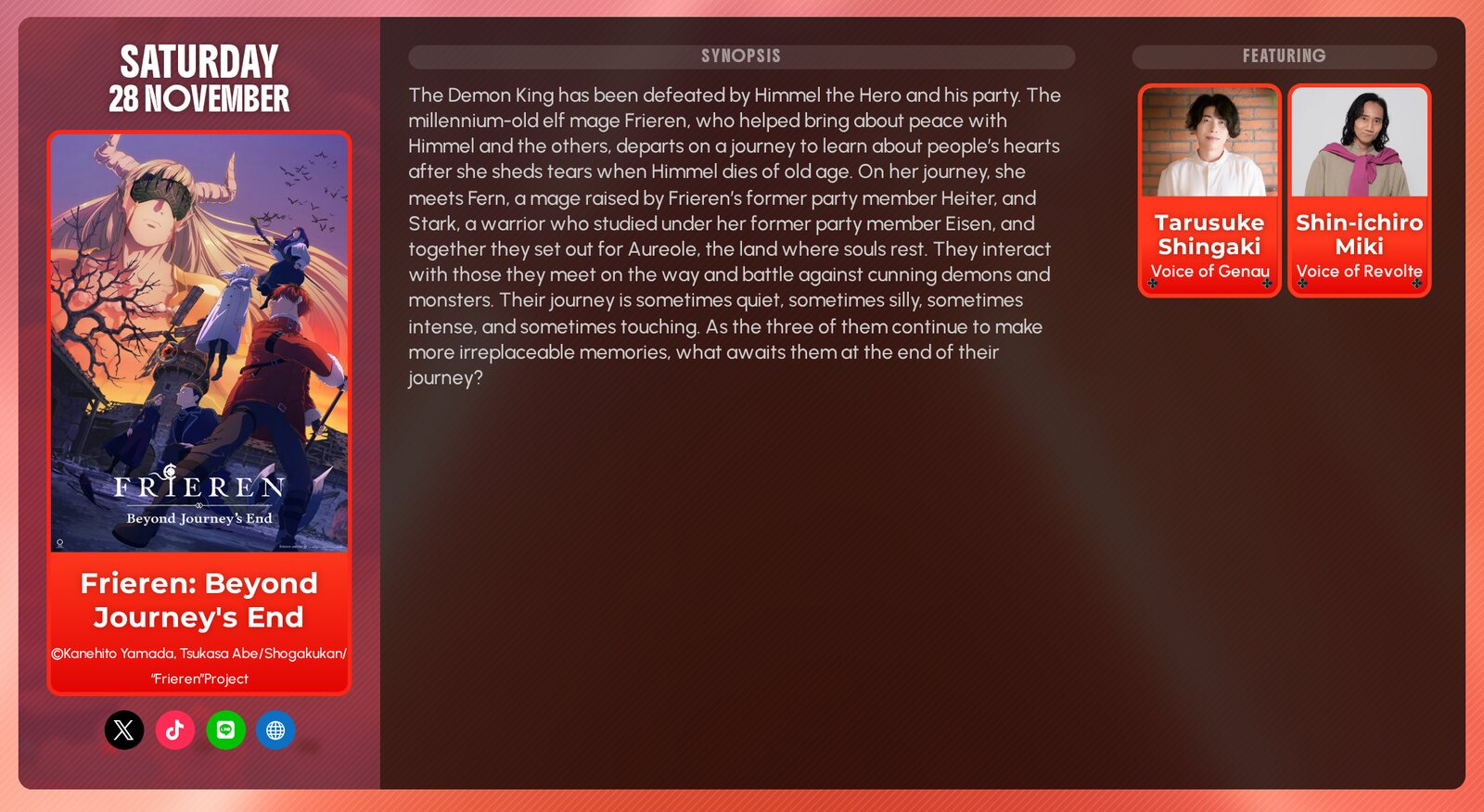 Screenshot of the AFA Singapore 2026 Day Stage page: the Frieren: Beyond Journey's End panel on Saturday 28 November, featuring Tarusuke Shingaki, voice of Genau, and Shin-ichiro Miki, voice of Revolte. Image: Anime Festival Asia