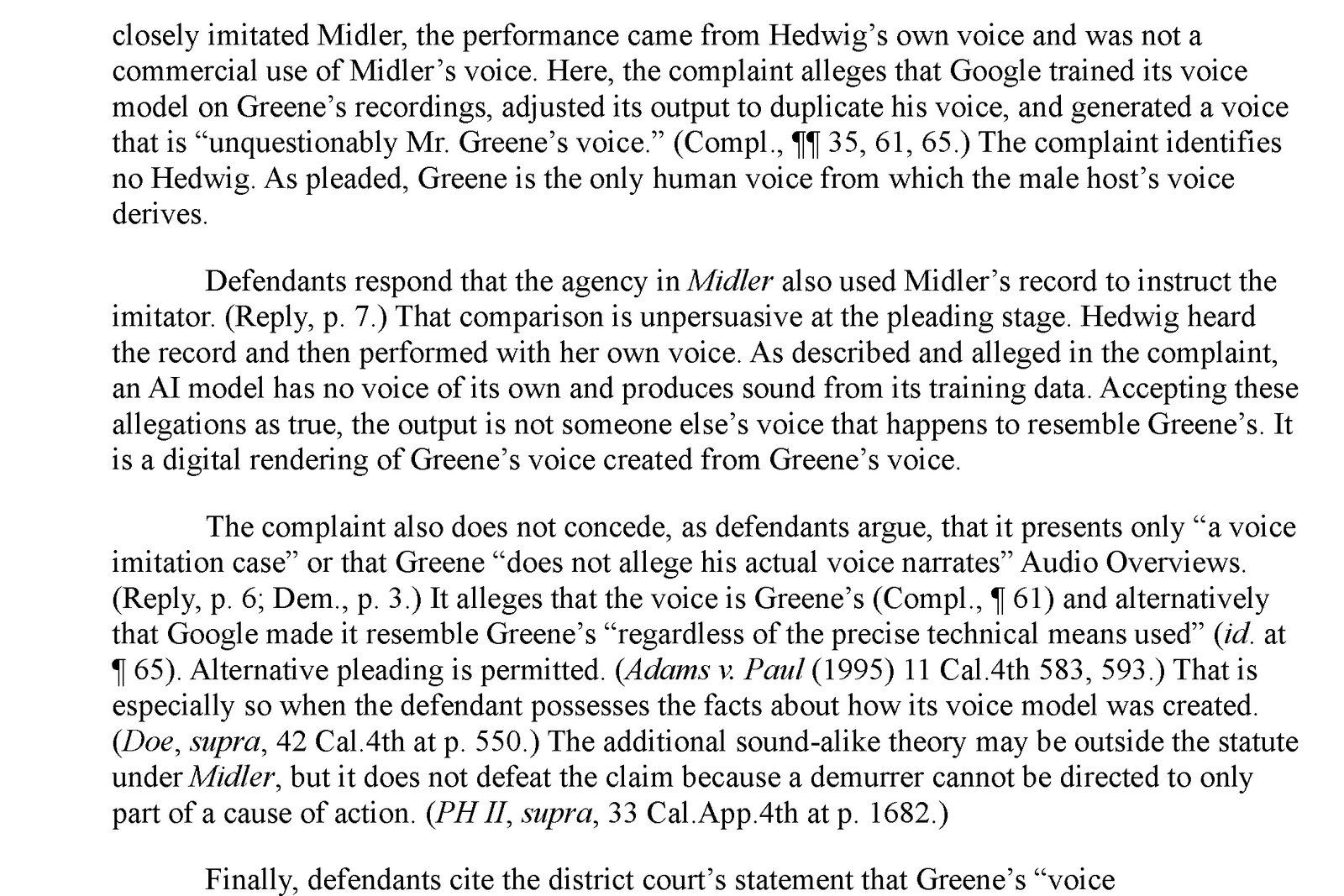 Captura de la página 5 del fallo provisional del Tribunal Superior del condado de Santa Clara en Greene v. Google, en inglés, con las frases The complaint identifies no Hedwig y an AI model has no voice of its own and produces sound from its training data. Imagen: Tribunal Superior de California, condado de Santa Clara