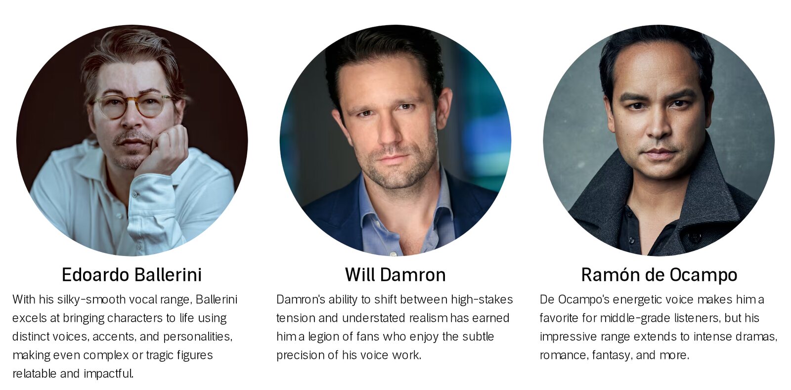 Screenshot of Audible's Narrator Hall of Fame Class of 2026 page showing inductees Edoardo Ballerini, Will Damron and Ramón de Ocampo. Image: Audible