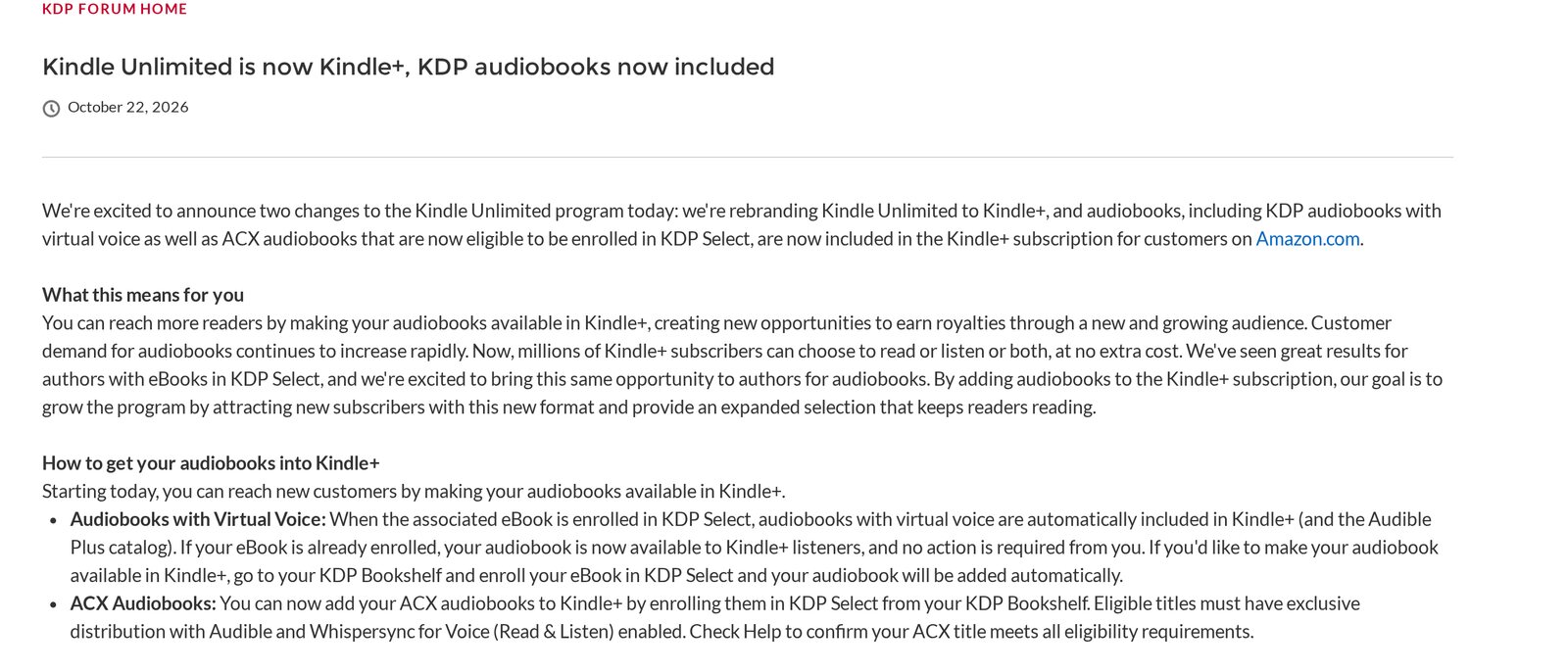 Captura del anuncio de Amazon en KDP, Kindle Unlimited is now Kindle+, KDP audiobooks now included, del 22 de octubre de 2026, que explica que los audiolibros con virtual voice se incluyen automáticamente en Kindle+. Imagen: Amazon