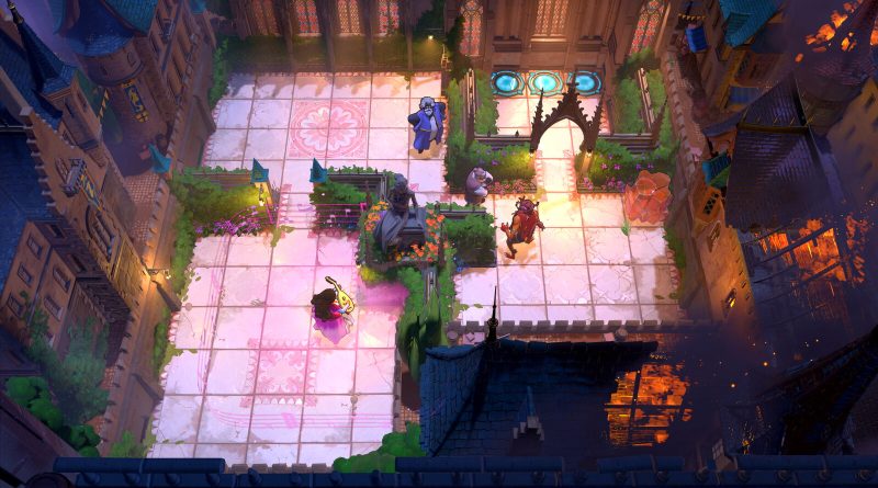 Captura oficial de Order of the Sinking Star: vista cenital de una plaza nocturna con baldosas rosadas donde los héroes del juego aparecen entre jardines y edificios de piedra. Imagen: Thekla, Inc. y Arc Games