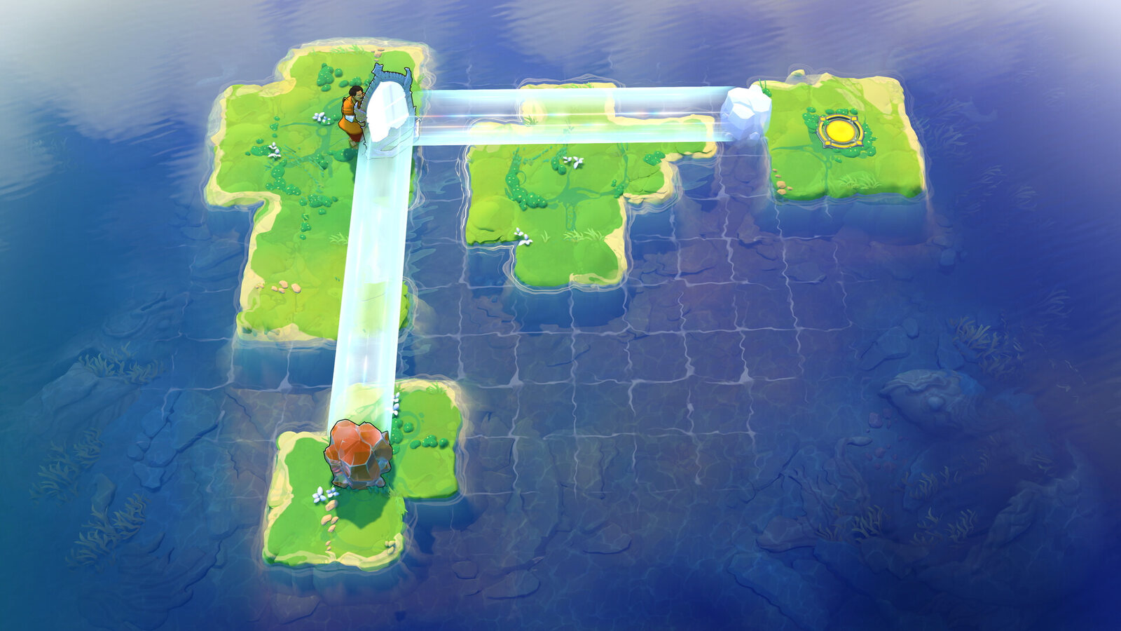 Captura oficial de Order of the Sinking Star: pequeñas islas de césped sobre agua azul profunda unidas por un puente luminoso, con un héroe en cada extremo. Imagen: Thekla, Inc. y Arc Games