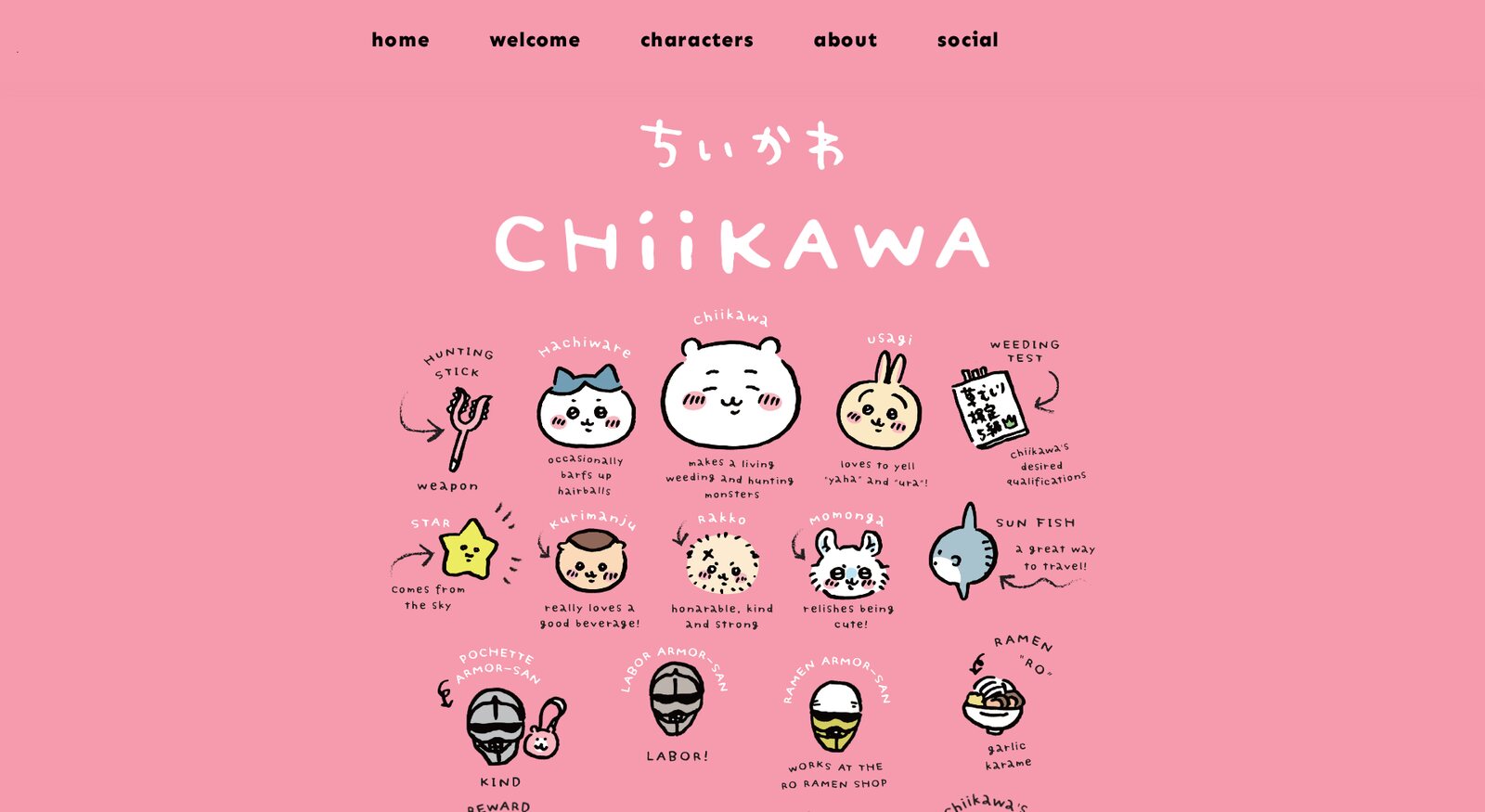 Screenshot of the Chiikawa official English website home page, a pink page with the Chiikawa logo and drawings of the characters with short descriptions