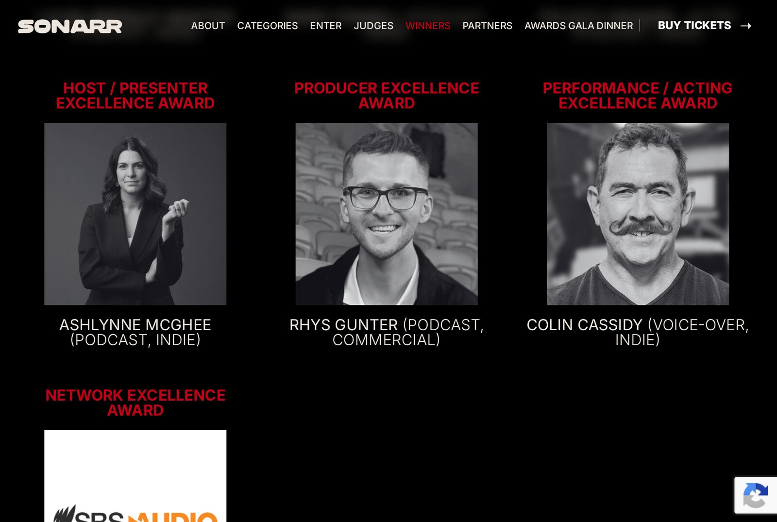 SONARR winners page showing the Host / Presenter Excellence Award to Ashlynne McGhee, Producer Excellence Award to Rhys Gunter and Performance / Acting Excellence Award to Colin Cassidy, voice-over, indie, with their portraits. Screenshot: sonarr.au, 20 October 2026