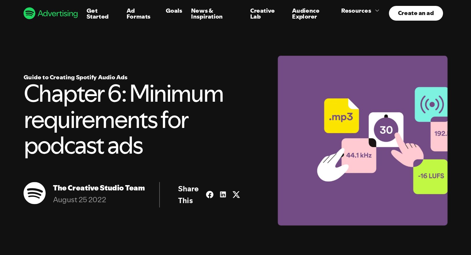 Spotify Advertising guide page titled Chapter 6: Minimum requirements for podcast ads, with an illustration showing .mp3, 44.1 kHz, 30 seconds, 192 kbps and -16 LUFS. Image: Spotify