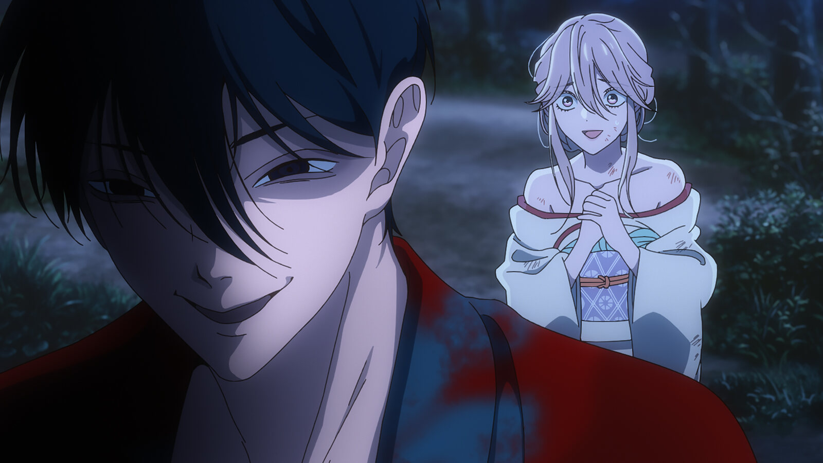 Shinpei, his red kimono stained with blood, smiles in the foreground at night while Satoko clasps her hands behind him, a still from episode 1 of Firefly Wedding. Image: Oreko Tachibana/Shogakukan/Firefly Wedding Production Committee