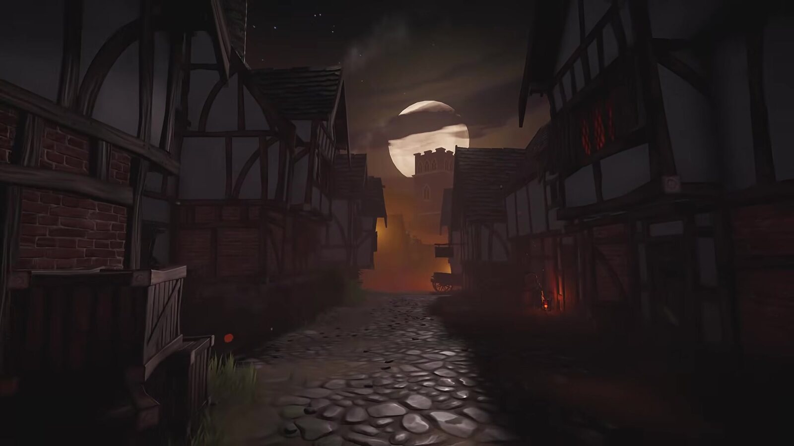 Una calle empedrada de la aldea de noche, con casas de entramado de madera y una luna baja sobre la torre de una iglesia, en una escena del tráiler de presentación de Hunter's Moon. Imagen: Twin Swans, vía PlayStation