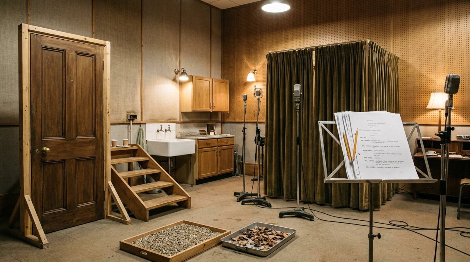 An empty radio drama studio with a practice door on a frame, wooden stairs, a gravel tray, a tray of dry leaves, a sink unit, microphones on stands and heavy curtains. © Voice Over Herald
