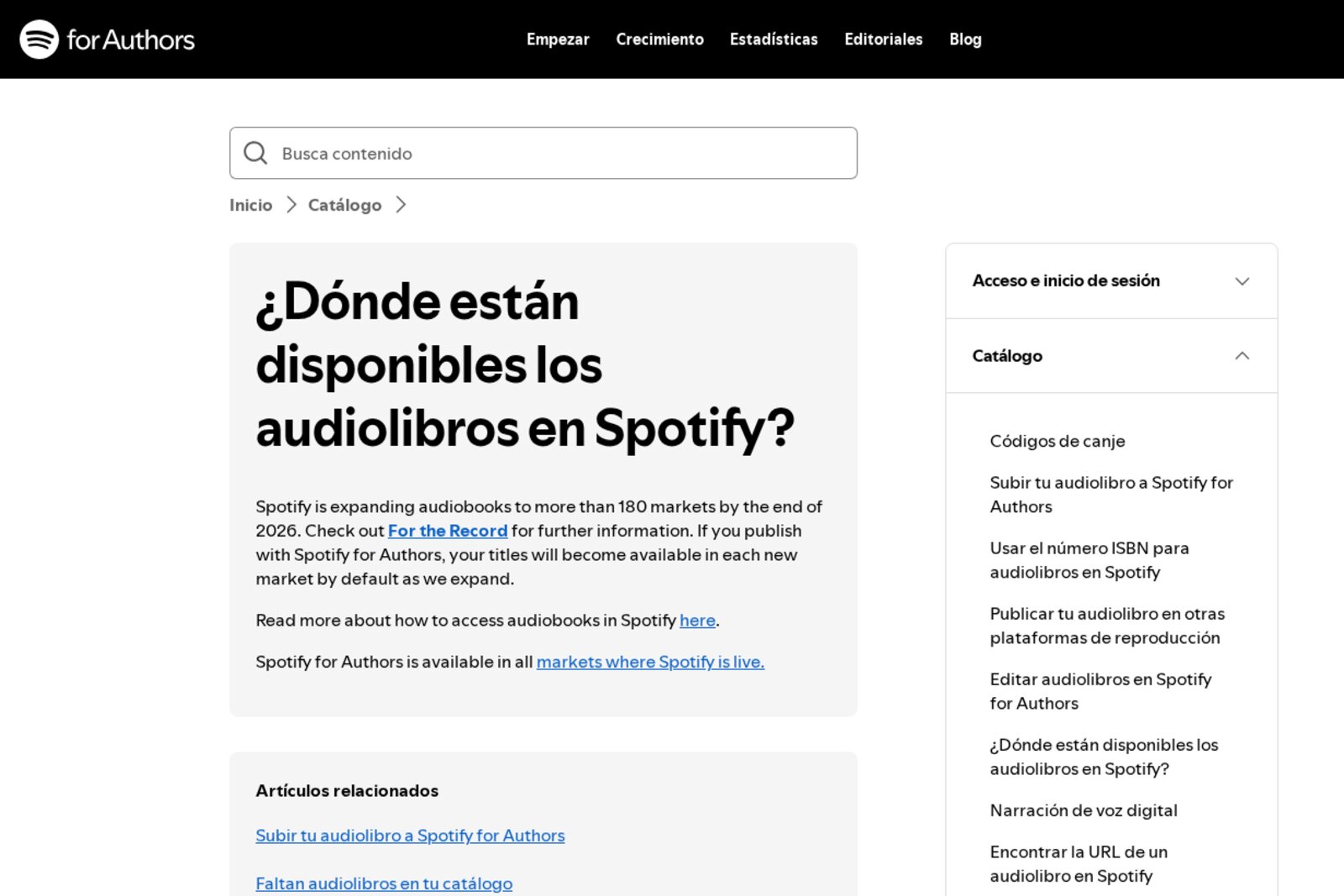Captura de la página de ayuda de Spotify for Authors Dónde están disponibles los audiolibros en Spotify, que anuncia la expansión a más de 180 mercados a finales de 2026. Imagen: Spotify