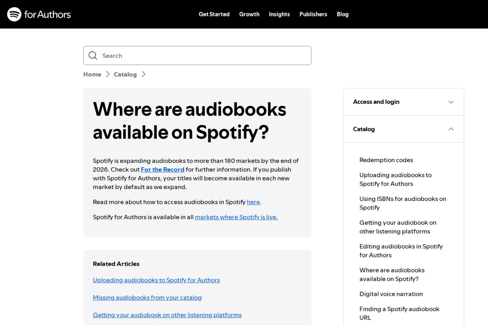 Screenshot of Spotify for Authors help page Where are audiobooks available on Spotify, saying Spotify is expanding audiobooks to more than 180 markets by the end of 2026. Image: Spotify